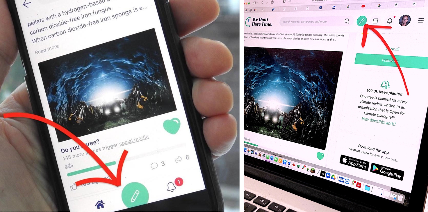 Where to find the green pen button in the mobile and desktop version of the app.