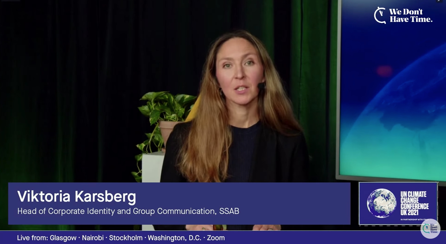 Viktoria Karsberg giving a keynote speech during one of We Don't Have Time's daily live broadcasts at COP26.