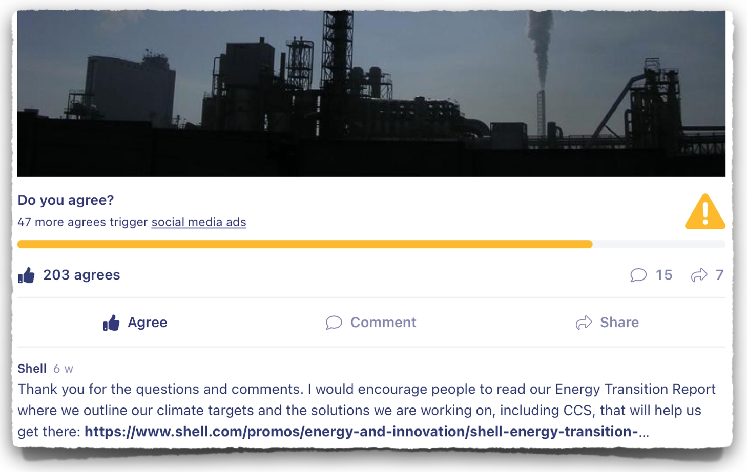 Part of the climate dialogue between Shell and the We Don't Have Time community, after Shell was given a Climate warning.